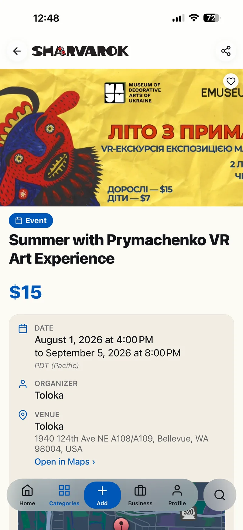 Event listing with details and map